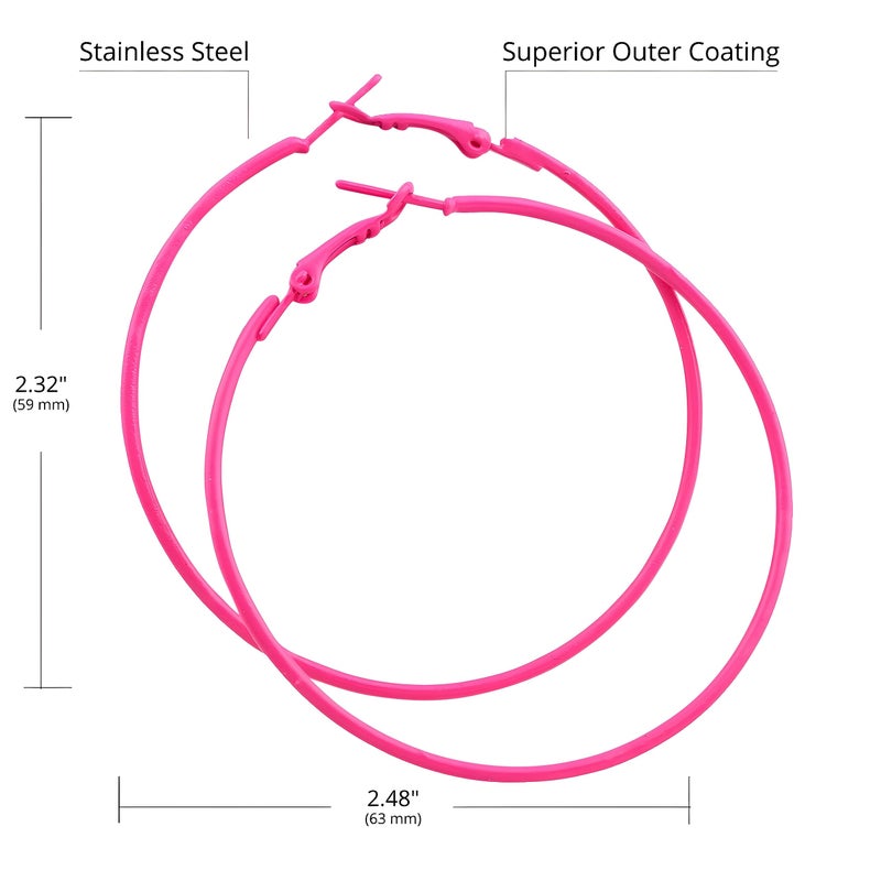 IDB Productions IDB Pink Hoop Earrings for Women, 2.3 Inch (60mm) Classic Stainless Steel Hot Pink Hoops, Elegant and Durable 80's Retro Style - Image 2